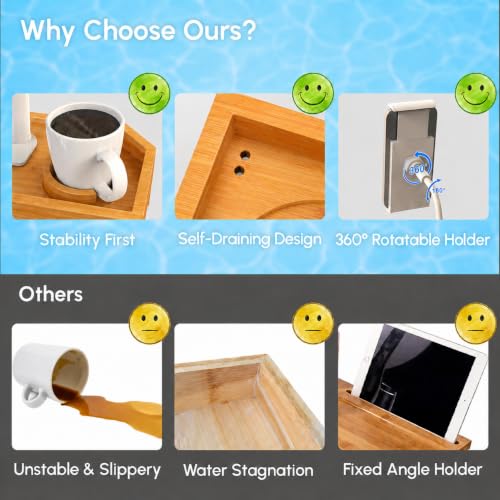 Vespara Bamboo Hot Tub Tray Table with Adjustable Phone Holder, Non Slip Hot Tub Table Spa Gifts for Women, Bathtub Canddy Tray with Wine Glass Holder Tray for Luxury Bathtub& Bathroom Accessories - color: Bamboo