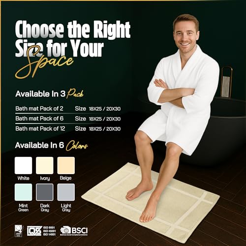 Pearl Linens Pack of 6 100% Cotton Bath Mat 18x25 inches, Soft & Absorbent Quick Dry Bathroom Mat Set, Not Bathroom Rugs, After Shower Mat, Bath Tub Mat, 781 GSM, Machine Washable, Beige - color: Beige, size: 18x25 - Set of 6