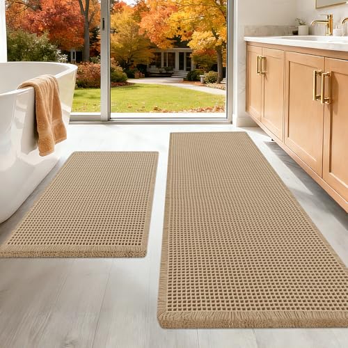 Upgraded Waffle Bath Mat Set 2 Piece Beige, Super Absorbent Non-Slip Quick Dry Bathroom Rugs with Tassels, Machine Washable Ultra Soft Boho Bath Rugs for Floor, Toilet Mats Boho Farmhouse Decor - color: Beige, size: 24"x17"+5'x2'