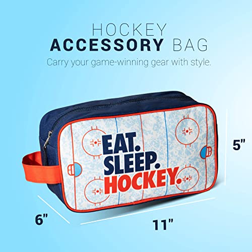 ChalkTalkSPORTS Hockey Toiletry Bag - Eat Sleep Hockey - Ice Rink | Polyester, Center Zipper, Side Handle, 11 x 6 x 5 Inches, Sports Camp Bag, Pencil Case, Dopp Kit, Hockey Gift - color: Eat Sleep Hockey
