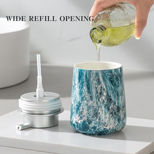 Enra Ceramic Hand Soap Dispenser,12 oz Blue Lotion Dispenser Bathroom Liquid Refillable Dish Soap Dispenser for Bathroom Kitchen with Easy-to-Press Silver Pump (Blue Liquid Type) - color: Blue Liquid Type