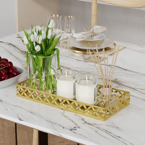 Bathroom Vanity Tray for Countertop - 11" x 4.9" Gold Decorative Tray | Small Metal Rectangle Tray, Non-Slip Bathroom Counter Tray, Bathroom Organizer for Perfume Makeup Cosmetic Jewelry Soap - color: Rectangle Floral-gold