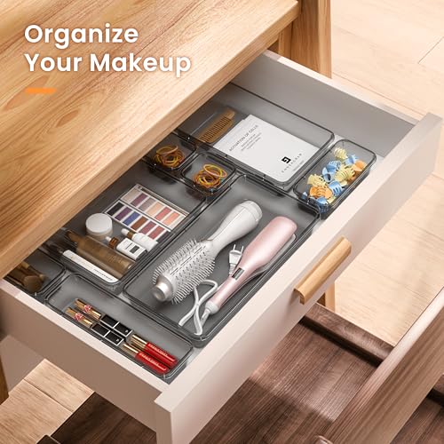 【Military Grade】A-LuGei Drawer Organizer,【𝟱𝗦𝗶𝘇𝗲】Makeup organizer,【Holds 177 Items】Bathroom Organizers and Storage,Organization and Storage,Desk Drawer Organizer for Vanity【Clear Black】 - color: Clear Black