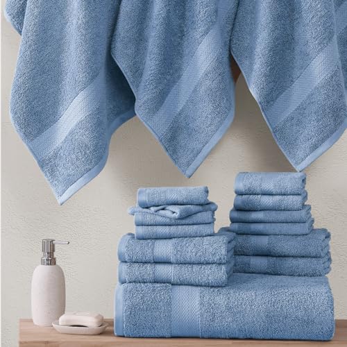 LANE LINEN 100% Cotton Bathroom Towels - 18 Piece Set - Super Soft, Quick Dry & Absorbent - 4 Bath, 8 Washcloths, 6 Hand Towels for Bathroom - Hotel Quality & Suitable for Family - Cerulean Blue - color: 10: Cerulean Blue, size: 18 Piece Towel Set