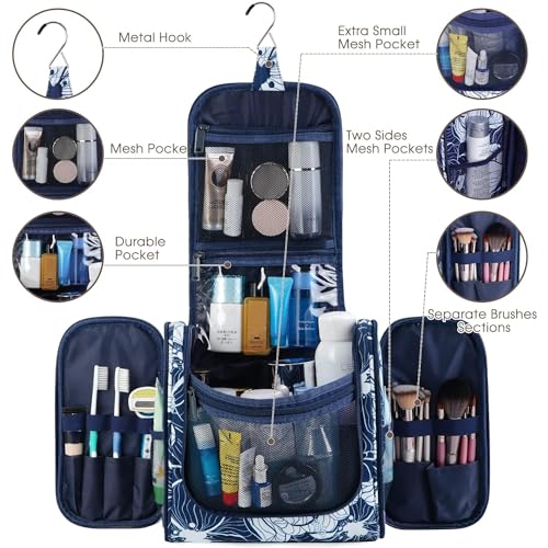 Narwey Hanging Toiletry Bag for Women Travel Makeup Bag Organizer Toiletries Bag for Cosmetics Essentials Accessories (Large, Blue Lotus) - color: B-Blue Lotus, size: Large