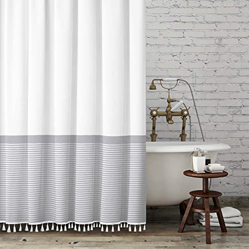 Seasonwood Extra Long Shower Curtain Tassel White and Gray Shower Curtains for Bathroom Farmhouse Modern Grey Bathroom Curtain Set 72×84 - color: Grey and White, size: 72"W x 84"L (Pack of 1)