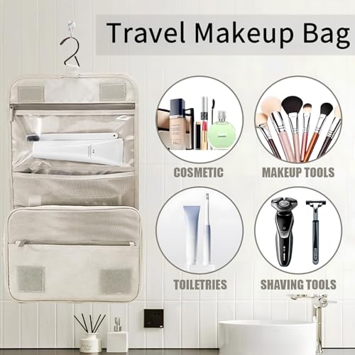 Makeup Bag,Large Capacity Make Up Bag for Women Men,Open Flat Travel Cosmetic Bag Organizer Toiletry Bag with Compartments(Beige)