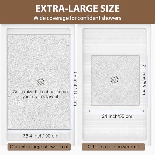 Shower Mat Non Slip: 59 x 34.5 Inch Extra Large Shower Mats for Inside Shower with Drain Hole - Soft PVC Loofah Anti Slip Shower Stall Mat for Walk-in Shower and Bathroom, Quick Drying - color: White, size: 59" x 35.4" (Rectangular)