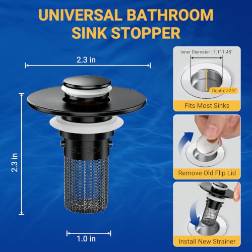 Bathroom Sink Drain Strainer, Pop-Up Bathroom Sink Stopper with Removable Stainless Steel Hair Catcher Basket, Universal Fit for US Bathroom Sinks, Showers & Floor Drains (2pcs-Black) - color: 2pcs-black