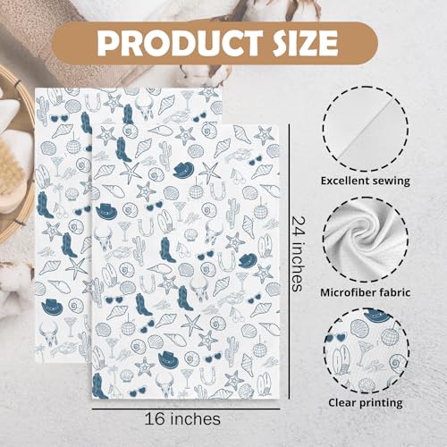 Coastal Cowgirl Kitchen Towels Set of 2, Blue Western Cowboy Boots Seashell Dish Tea Towels for Kitchen, Preppy Beach Summer Hand Towel for Bathroom, Coastal Western Gifts, 16x24 Inch - color: Coastal Cowgirl
