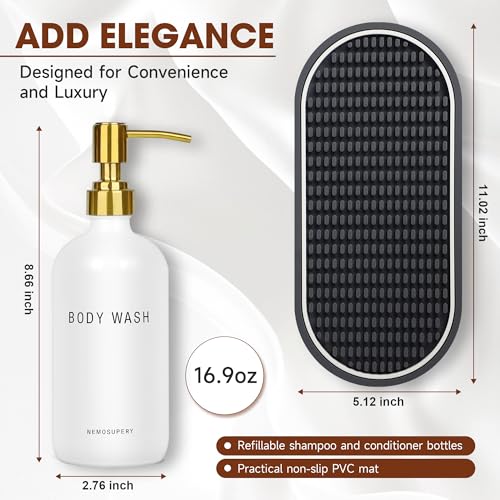 White Glass Shampoo and Conditioner Dispenser Set –16.9oz Refillable Bottles with Stainless Steel Pump, Non-Slip Mat & Waterproof Labels –Shampoo Conditioner Body Wash Dispenser for Shower - color: White