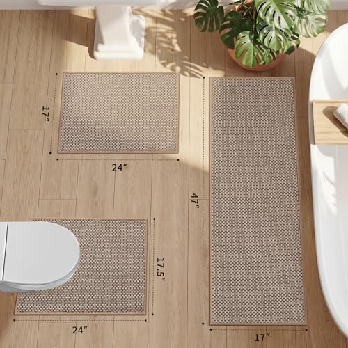 YIHOUSE Thin Bath Mat Khaki Bathroom Rugs Sets 3 Pieces, Non Slip Absorbent Bath Mats Quick Dry, Woven Braided Rugs Washable,Tapetes para Baño for Bathroom,Bathtub(17.5"x24"U+17"x24"+17"x47") - color: Khaki, size: 3Pieces(17.5"x24"U+17"x24"+17"x47")