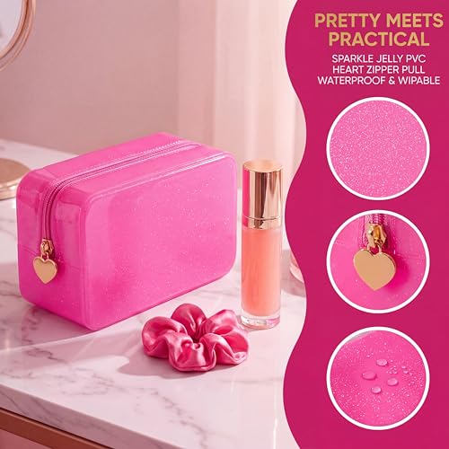 RSRSLEII Stardust Twinkle Jelly Travel Makeup & Toiletry Bag, Waterproof PVC Cosmetic Bag/Case for Women，Zipper SPF Beach Bag for Sunscreen Skincare and Daily Essentials (02Hot Pink) - color: 02Hot Pink