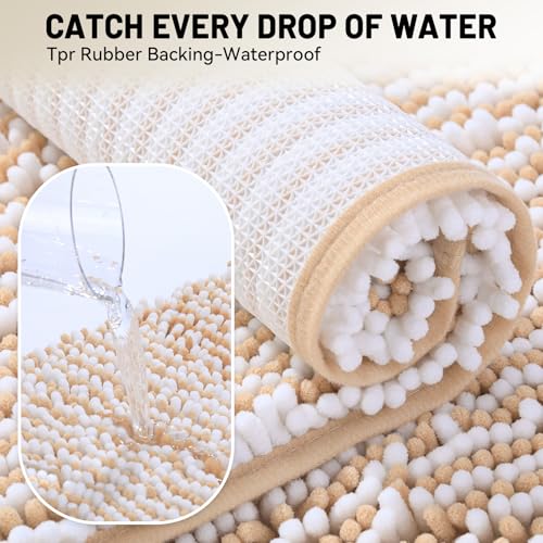 Chenille Bathroom Rugs Set 2 Piece, Absorbent Bath Rugs, Non-Slip Bath Mats, Machine Washable Rugs for Bathroom Floor, Tub and Shower, Champagne&White (20 × 32 Plus 17 ×24 - Inch) - color: Champagne &White