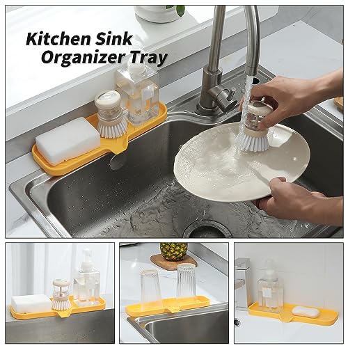 MicoYang Silicone Soap Dish with Drain Spout — Self-Draining Double Sink Organizer Tray for Kitchen & Bathroom, Dispensers, Sponges & Soap Holder, Non-Slip & Dishwasher Safe, Yellow (Large, 12"×4") - color: Yellow, size: L(12"×4")