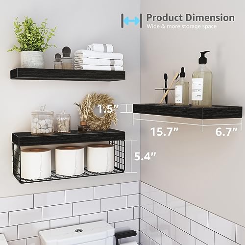 QEEIG Bathroom Shelves Over Toilet - Wall Mounted Floating Shelves Toilet Paper Storage Small Farmhouse Decor Shelf 16 inch Set of 3, Black (019-B3) - color: B. Black, size: 3pcs
