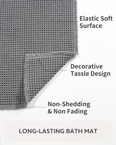 Waffle Super Absorbent Non Slip Bath Mat, Ultra Soft Machine Washable Bathmat with Tassels, Beside Tub, 20" x 32", Dark Grey - color: Dark Grey, size: 20" x 32"