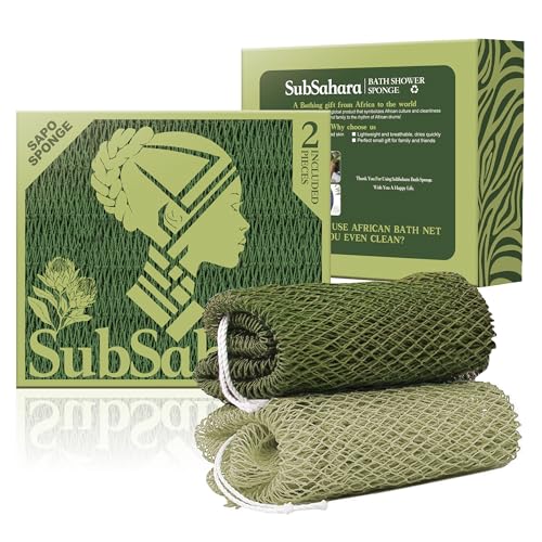 SubSahara Authentic African Net Sponge - 2 Pack Exfoliating Bath & Shower Loofah Sponge for Body & Face, Gentle Scrubber for All Skin Types, Travel, Durable Polyester (Olive Green & Light Green) - color: Olive Green & Light Green