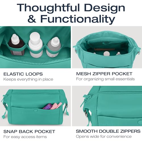 KAZAY Expandable Toiletry Bag with Side Clips for Adjustable Sizing, Premium High-Density Nylon, Open Wide Zipper, Stylish, Water Resistant, Cosmetic Bag, Makeup Bag, Full-Size Bottles, Unisex (Aqua) - color: Aqua