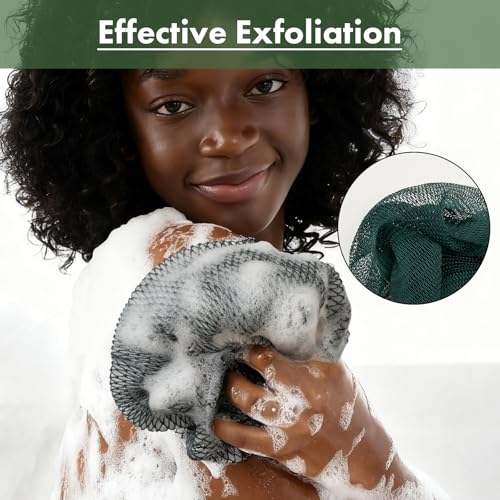 Bathway African Net Sponge Authentic with Handles (Set of 2), African Exfoliating Net Sponge, Exfoliating Body Scrubber Bath Sponge - Bathing Accessories with Storage Bag (Dark Green & Brown) - color: Dark Green & Brown