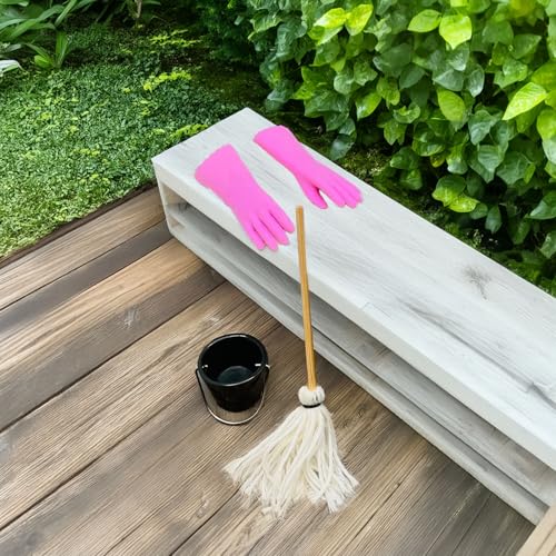 Miniature Cleaning Set: Mop, Bucket & Rubber Gloves for Dollhouse Scenes