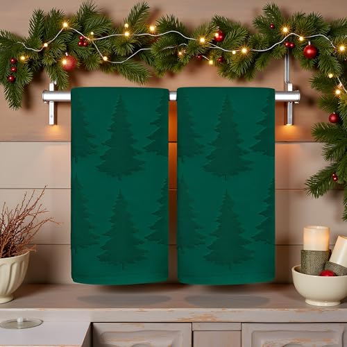 2 Pack Christmas tree Hand Towels 100% Cotton Jacquard holiday Kitchen dish Towels Retro Neutral Dark Green Bathroom Towels Set gift Seasonal Xmas Winter Bathroom Decor (Dark Green Christmas tree) - color: Dark Green Christmas Tree