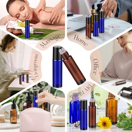 10ml Roller Bottles for Essential Oils, 4 Pack Glass Roll on Bottles, Refillable Perfume Bottle, with Stainless Steel Roller Balls, 2 Droppers, 1 Opener, Labels (Amber+Blue) - color: Blue