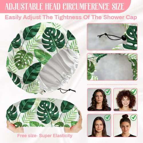 Tropical Leaves Reusable Shower Cap Green Monstera Double Layer Waterproof Shower Caps Large Elastic Hair Cover Adjustable Hair - Drying Caps for Woman Man Bath SPA Travel One Size Fits Most - color: Tropical Leaves