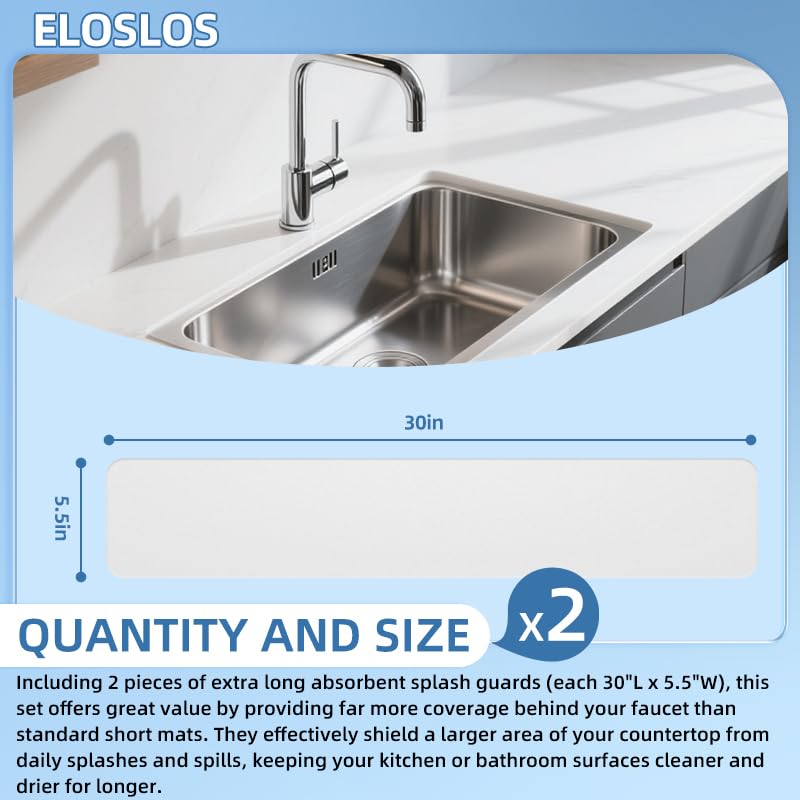 2Pcs 30" L x 5.5" W Customizable Sink Faucet Mat for Kitchen Sink 2 Holes & 3 Holes, DIY Cut for Oval/Rectangle/Square Faucets, Extra Long Quick-Drying Absorbent Splash Guard Counter Protector, White - style: 2 Pcs White