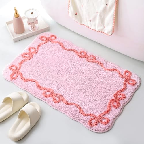 TRUEDAYS Pink Bow Bathroom Rugs - Cute Bow Bath Mat Small Non Slip Bath Mat, Super Soft & Absorbent Bath Rugs for Bathroom Decor, Tub, Vanity Floor - color: Pink Scalloped Bow