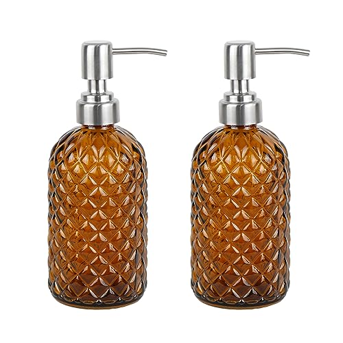 16 oz Diamond Pattern Glass Soap Dispenser, Kitchen and Bathroom Refillable Soap Dispenser with Rust Resistant Stainless Steel Pump for Hand Soap, Lotion Glass Liquid Dispenser(Amber-2pack) - color: Amber-2pack