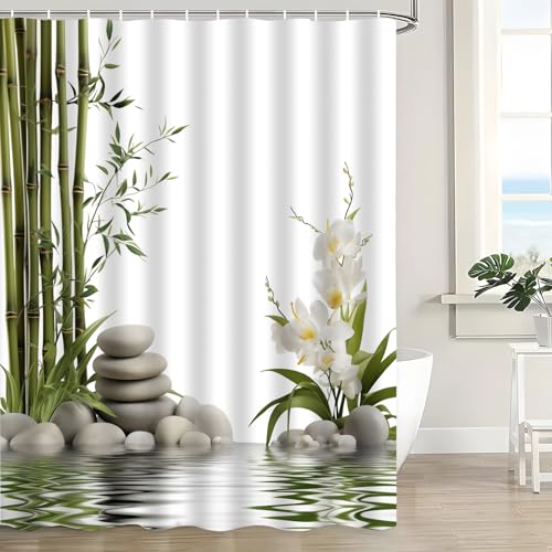 Spa Shower Curtain Green Bamboo White Orchid Stones Calm Nature Polyester Bath Curtain with Hooks, 70x70 Inch - size: 70"W x 70"L (Pack of 1)