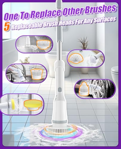 5-Head Electric Spin Scrubber, Shower Brush, Extension Handle | cordless power scrubber, adjustable reach, two speed control, IPX7 waterproof, bathroom floor, tile grout, tub edges, shower - size: 5heads