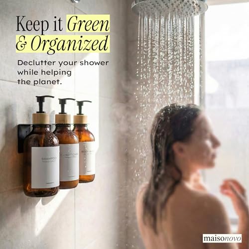 Shampoo and Conditioner Dispenser Wall Mounted Set of 3 Amber Bamboo - No Drill Shower Soap Dispenser for Bathroom Refillable - Spa Hotel Style Accessories by MaisoNovo - color: Amber Bamboo Set of 3