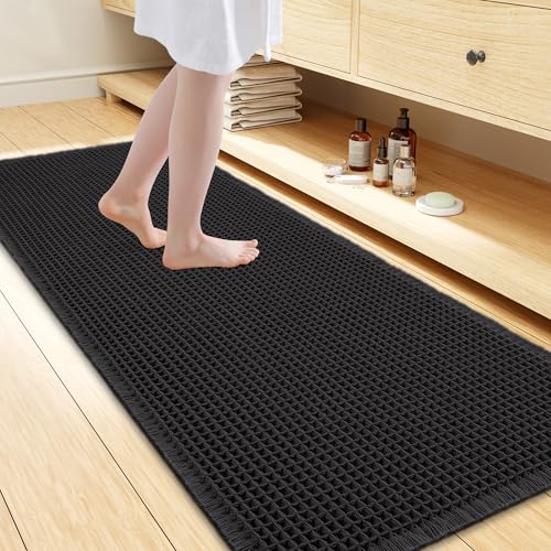 Smiry Waffle Bath Mat 60x24, Extra Soft Absorbent Bathroom Rugs, Non Slip Machine Washable Quick Dry Bath Rugs for Bathroom Floor, Tub, Shower, Home Decor Accessories, Black - color: Black, size: 60'' X 24''