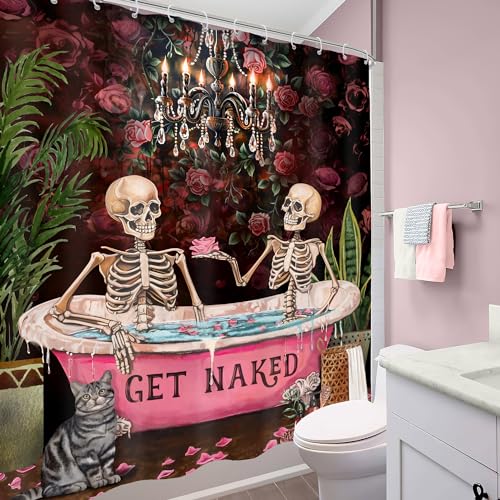 Gothic Skull Skeleton Shower Curtain Black Vintage Spooky Funny Rose Retro Floral Flower Plant Bathroom Decor Unique Mystical Woman Aesthetic 72Wx72H Bath Curtain Fabric Polyester 12 Pack Hooks - color: A 03skeleton, size: 72"W x 72"L (Pack of 1)