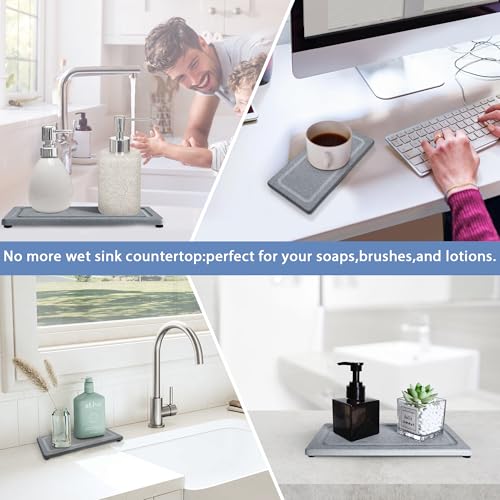 2 PCS Water Absorbing Stone Trays for Bathroom Sink & Kitchen Counter, Fast-Drying Diatomite Sink Coasters, Vanity Tray, Hand Soap Holder with Anti-Skid Pads (9.5" x 4.7" Gray) - color: 9.45" X 4.72" Grey