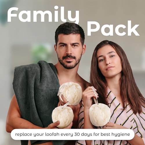 MainBasics Shower Loofah Sponge Pouf, Set of 3, Seaweed Infused | Soft Mesh Body Scrubber and Bath Sponge for Gentle Exfoliation, Rich Lather, and Everyday Shower Use - style: Seaweed