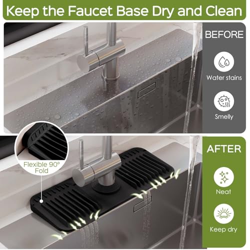 15 Inch Silicone Faucet Mat for Kitchen Sink Splash Guard – 2025 Upgraded Draining Mat with Water Tray Behind Faucet – Countertop Protectors to Catch Spills (Black, 14.6" x 5.5") - color: Black, size: 14.6" x 5.5"