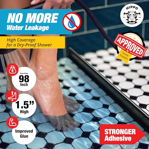 Shower Threshold Water Dam Barrier 98" - Black Collapsible Shower Water Blocker - Shower Guard for Walk in Shower - Water Guard Stopper for Floor - Shower Dam - 1.5" Tall - By Hippo Dam - color: Black, style: 98 In