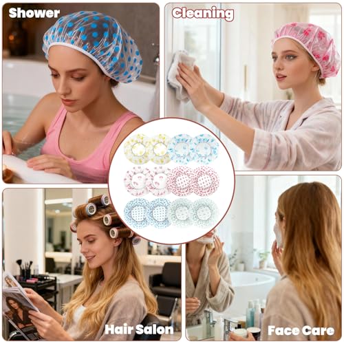 12 PCS Plastic Shower Cap Reusable Waterproof Reusable Shower Cap Elastic Showercap for Travel, Bath, Bathtub Bath, Women, Men, 6 Types