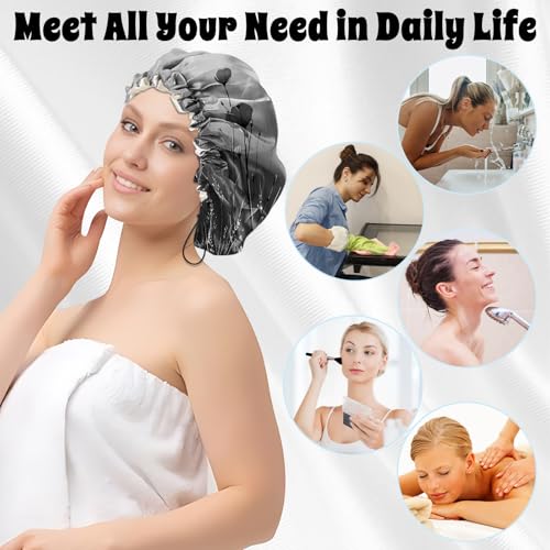 Luxury Shower Cap Satin Lined Reusable Waterproof Double Layer Elastic Adjustable Hair Bath Cap Cute Aesthetic Women Girls-Black Flower - color: F19-Black Flower