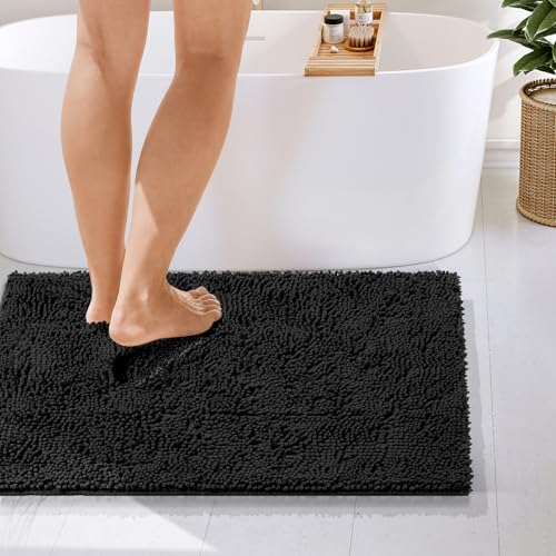 Hearth & Harbor Bathroom Rugs, Chenille Bath Mat - Machine Washable Bath Mats for Bathroom Non-Slip Backing Rubber, Quick Dry Bathroom Mat - Black 24x36 - color: Black, style: 24 x 36