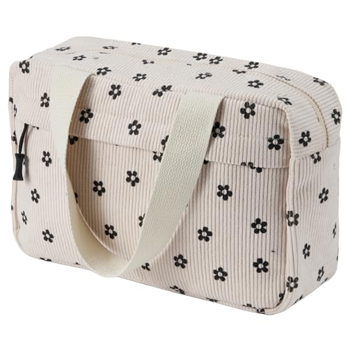 Large Makeup Bag for Women Corduroy Cosmetic bag Make up Bags Zipper Pouch with handle Cosmetic Organizer Toiletry Bag for Travel Storage - color: 5-Black Flower