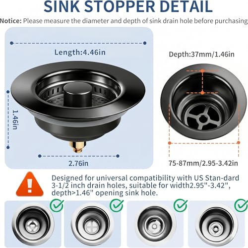 3-in-1 Kitchen Sink Drain Strainer & All-Purpose Sponges, 304 Stainless Steel Sink Stopper Pop-Up Drain Plug with Anti-Clogging Food Catcher Basket, Odor Blocker, Fits US Standard 3-1/2 Inch Sinks - color: Mattle Black