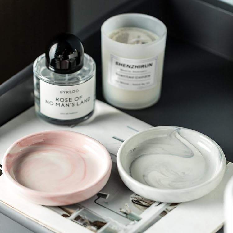 Round Marble Soap Tray, Small Ceramic Soap Dish, Cute Women Trinket Plate (Grey) - color: Grey