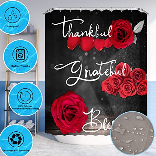 4Pcs Red Rose Shower Curtain Sets, Thankful Grateful Blessed Bathroom Curtain with Non-Slip Rug, Toilet Lid Cover, Bath Mat and 12 Hooks, Romantic Showy Floral Wedding Decor for Bath, 72 x 72 inch - color: Red