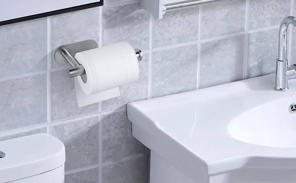 YUET Toilet Roll Holder Self Adhesive Holders Tissue 3M Stand Hanger Bathroom, Kitchen, Washroom Premium Thicken SUS-304 Stainless Steel, No Drilling,Strong Adhesiveness Rustproof (Brushed Silver) - color: Silver