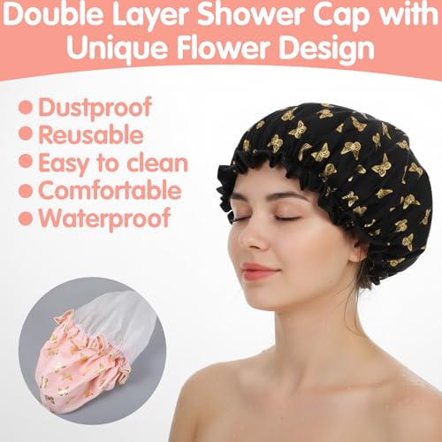 Yuanchu 4 Pcs Waterproof Shower Caps for Women, Elastic Band Bath Caps Reusable Shower Hat Double Layer Shampoo Cap for Washing Hair Bathing SPA Makeup Cooking