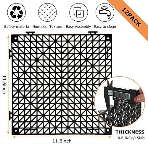 12 Pack Interlocking Floor Tiles 11.8" x 11.8" Interlocking Rubber Floor Mat Outdoor Non Slip Splicing Drainage Mats for Shower, Deck, Pool, Patio, Balcony, Kitchen, Yard - color: Black - Thicken